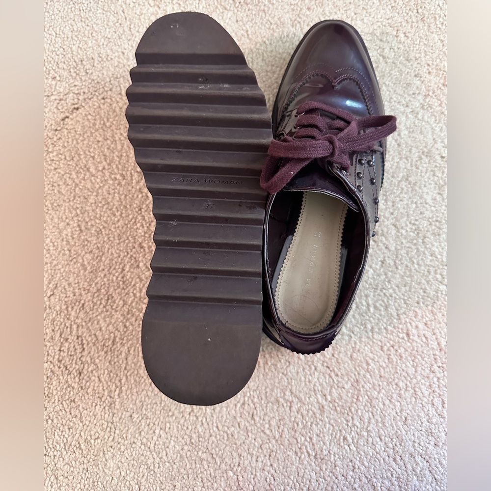 Zara Burgundy Patent Leather Platform Brogues - Size 7.5 - Picture 7 of 9